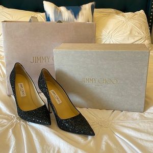 SOLD Jimmy Choo Abel course glitter black 100mm pointy toe pumps